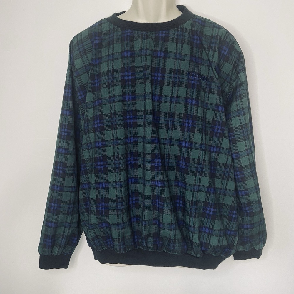 Vintage IZOD Men's Large Plaid Nylon Golf Windbreaker Pullover Jacket w/Pockets